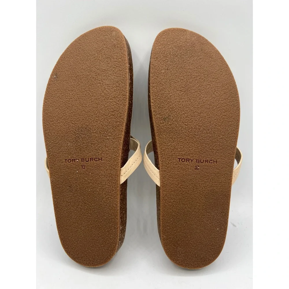 Tory Burch Miller Cloud Leather Thong Sandals Brown Cream Cork Insole Sz 10 EUC